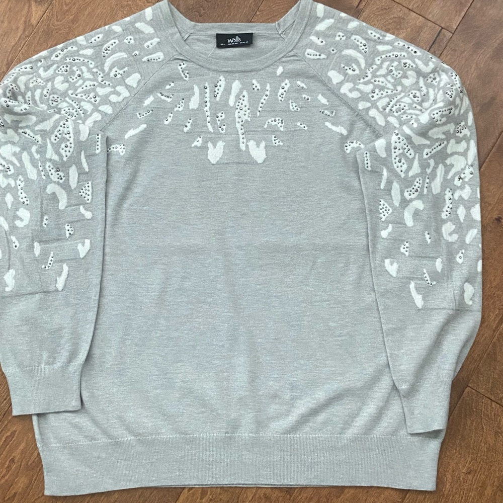 Ladies plain grey sweater with animal print detail, size 12-14